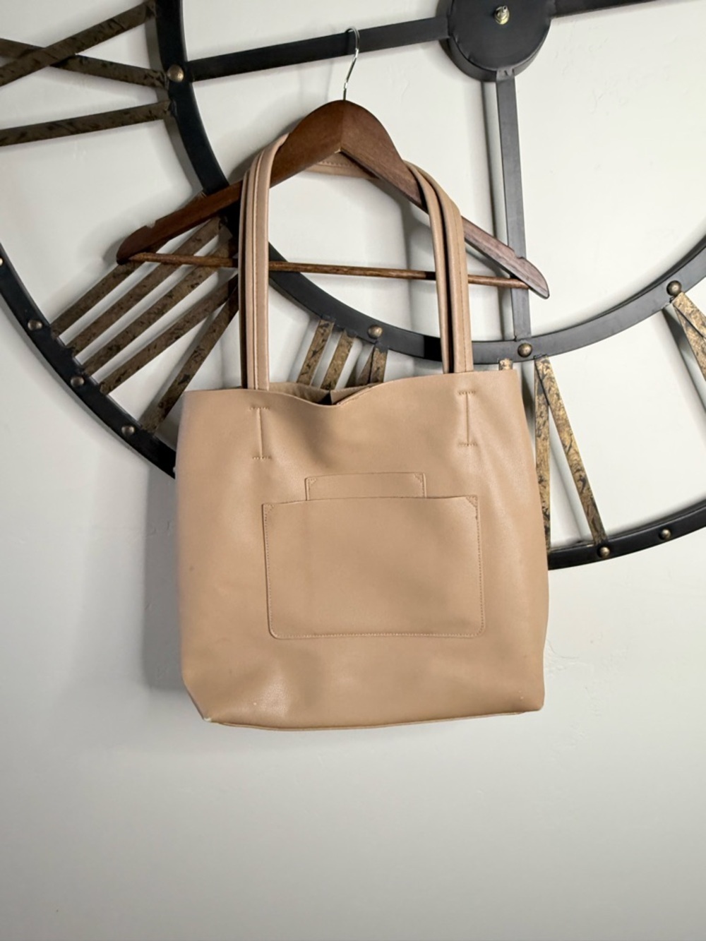 Antik Kraft Beige Leather Tote Bag with Front Pocket